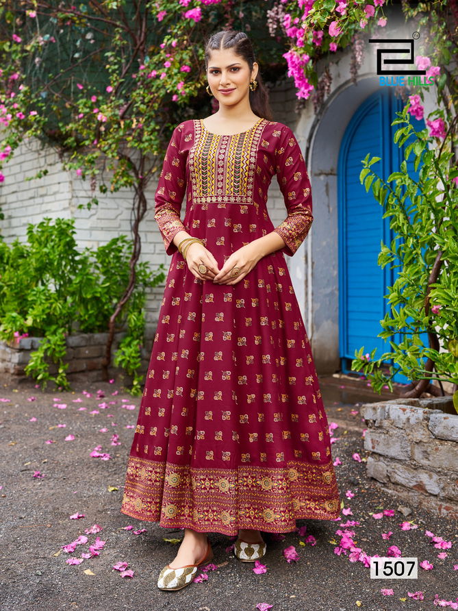 Womaniya Vol 15 By Blue Hills Rayon Foil Printed Anarkali Kurtis Wholesale Shop In Surat
